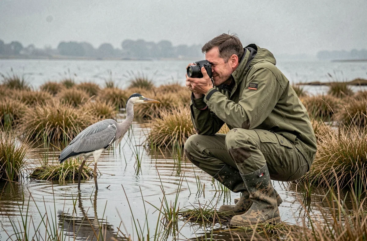 Léandre Leber photographe nature accroupi dans les marais de la Somme photographiant un héron