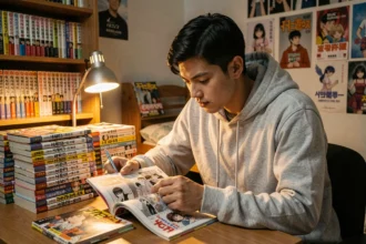 Jeune homme lisant un manhwa coréen assis à un bureau encombré de volumes de comics et de mangas