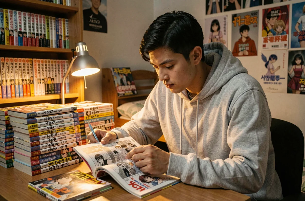 Jeune homme lisant un manhwa coréen assis à un bureau encombré de volumes de comics et de mangas