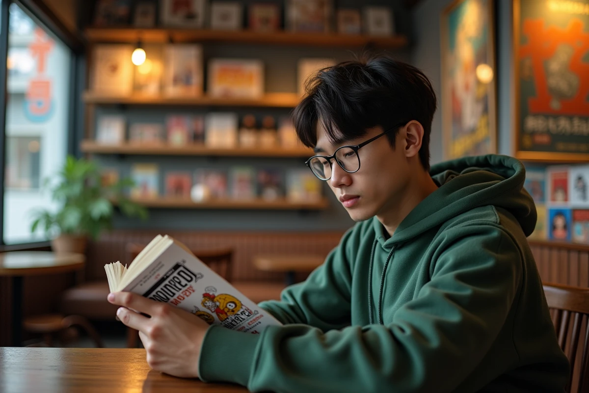 Jeune homme lisant un volume de One Piece dans un café manga entouré de figurines et de posters d'anime