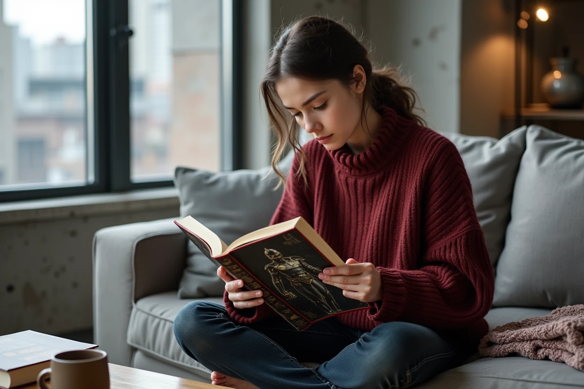 Une jeune femme lit un roman de l'Hérésie d'Horus assis sur un canapé, avec une liste de lecture chronologique des livres Warhammer 40K posée sur la table basse