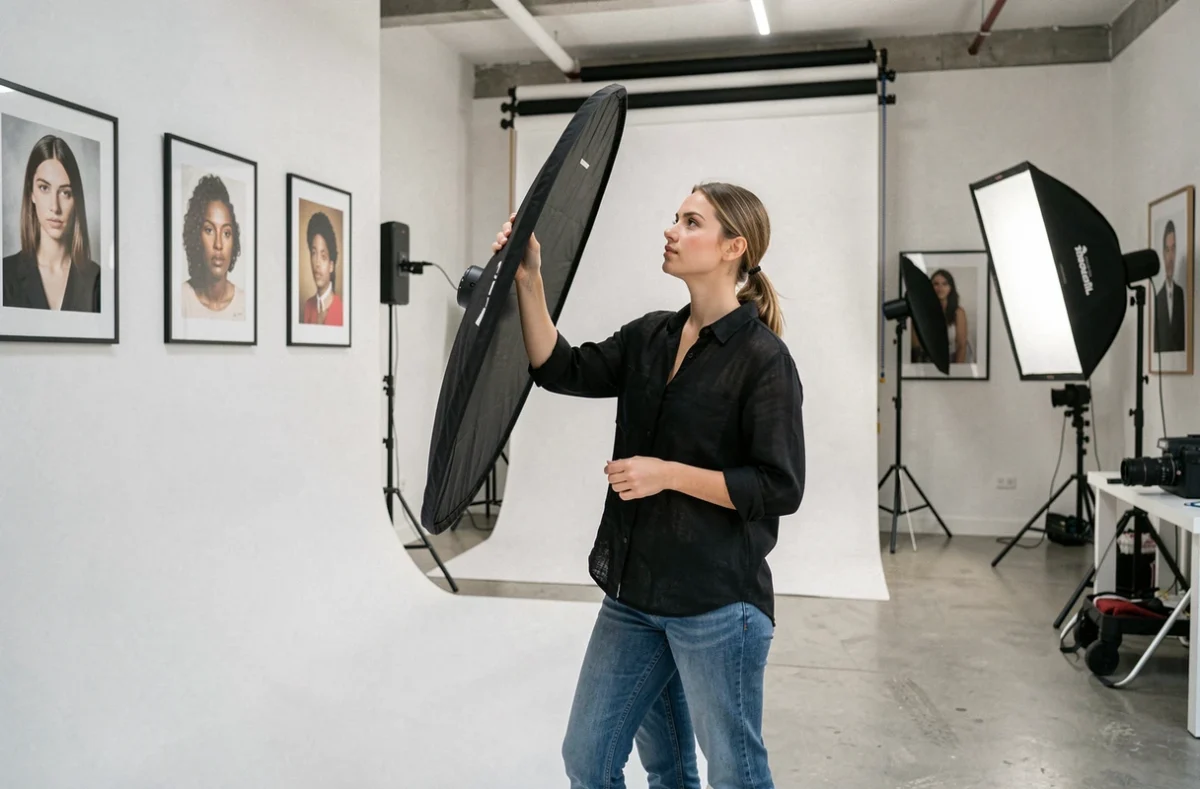 Studio photographique Liberty Love à Amiens avec photographe ajustant un réflecteur devant un fond blanc