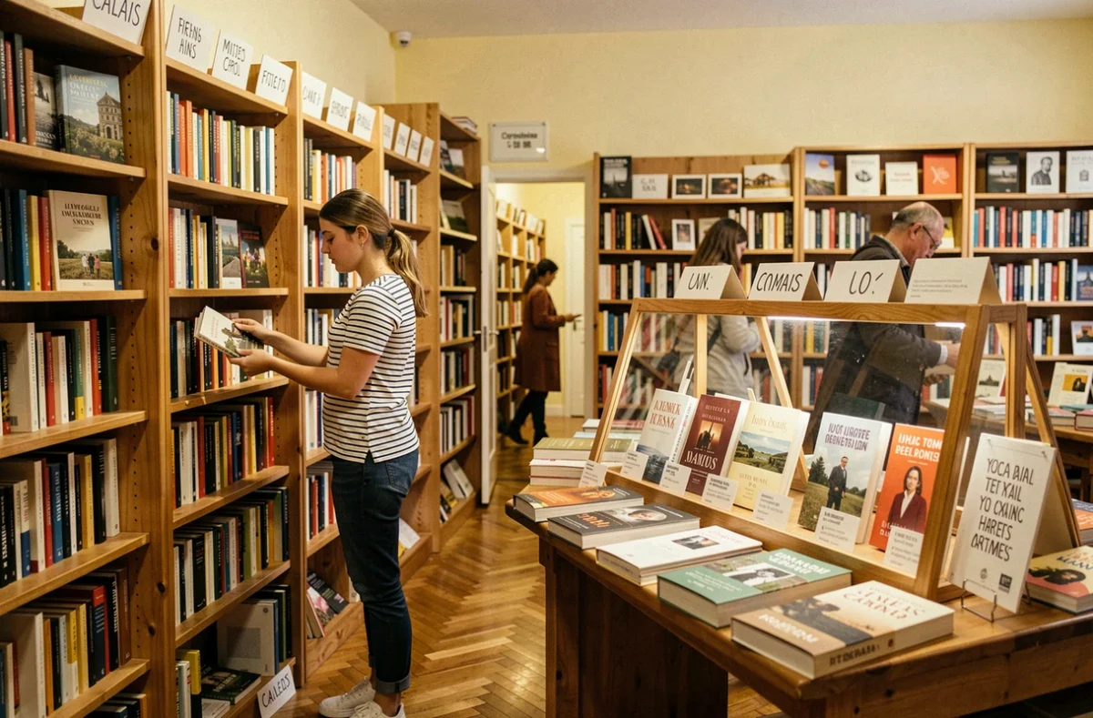 Librairie Benteux à Calais avec une cliente choisissant un roman dans les rayons en bois organisés par genre