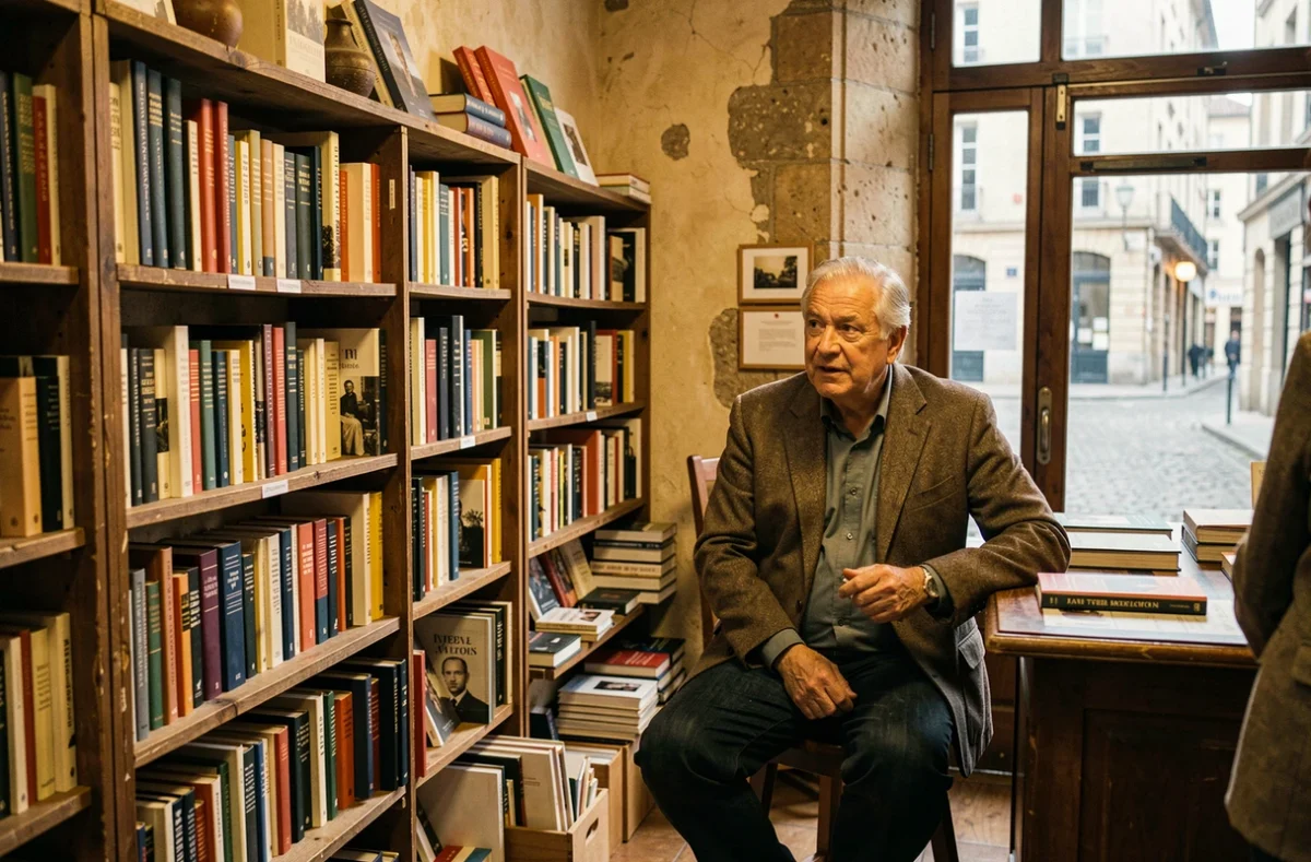 Intérieur historique de la Librairie Brunet à Arras avec son libraire en blazer discutant avec un client entre des rayons en bois anciens