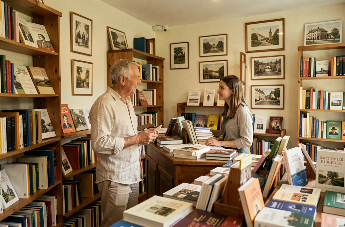 Intérieur de la Librairie du Marais à Saint-Omer avec un client discutant avec une libraire derrière le comptoir en bois