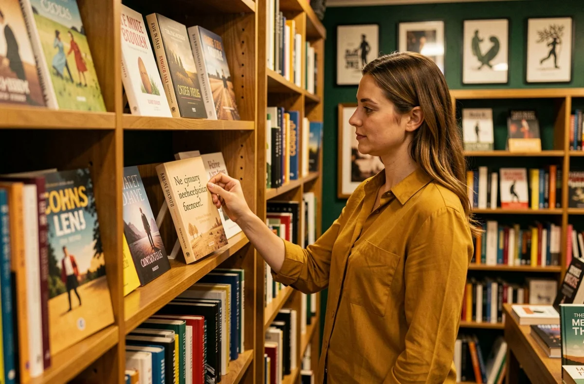 Libraire de la Librairie Martelle à Lens posant une fiche de recommandation manuscrite sur un roman dans un rayon soigneusement organisé