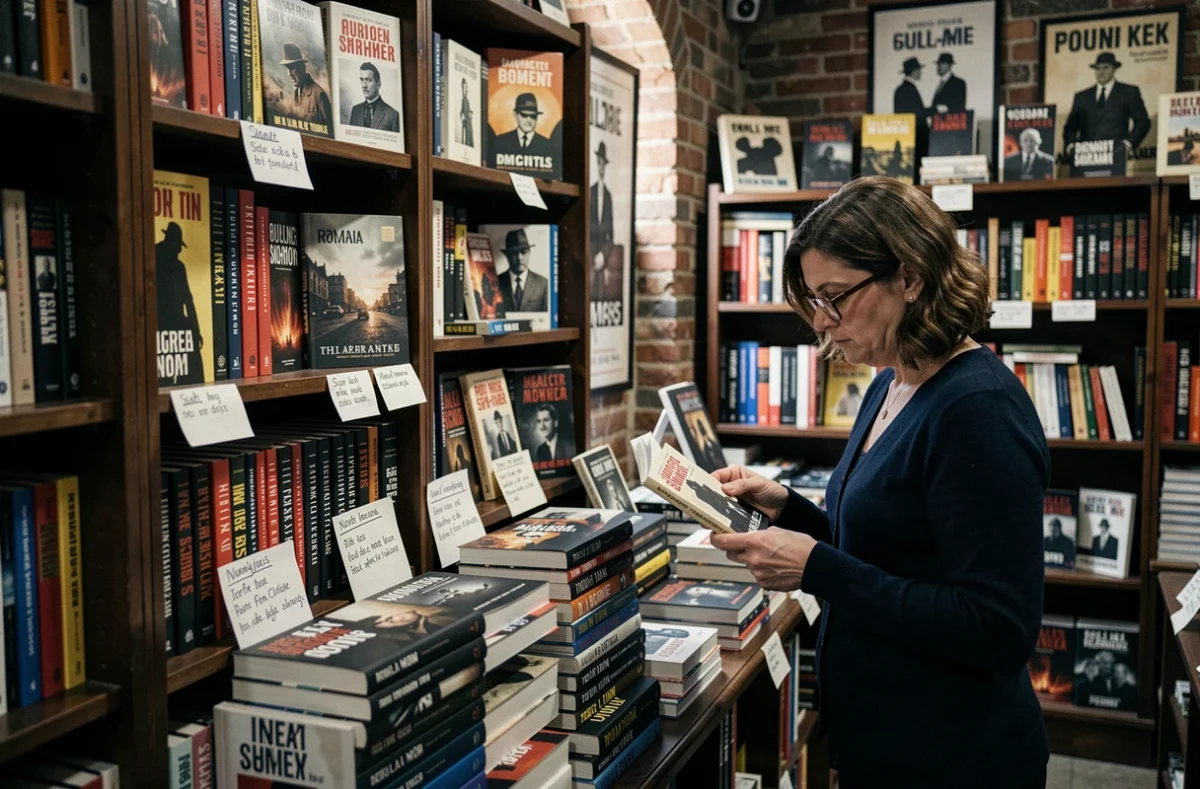 Librairie spécialisée polar et roman noir à Boulogne-sur-Mer avec une cliente parcourant des romans policiers sur les présentoirs
