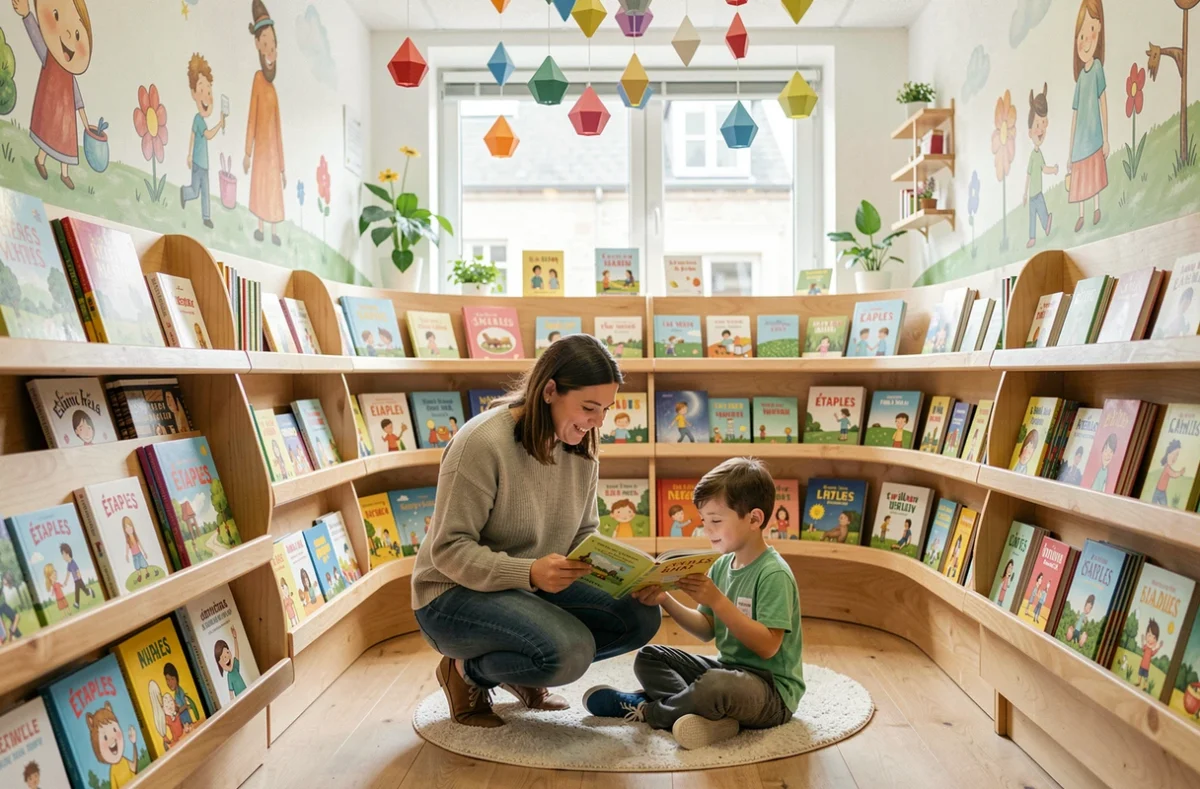 Librairie Récréalivres à Étaples avec une mère et son fils lisant un album jeunesse dans le coin lecture entouré de rayons colorés