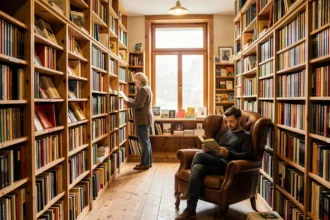 Intérieur chaleureux d'une librairie indépendante dans le Pas-de-Calais avec des rayonnages en bois remplis de livres colorés