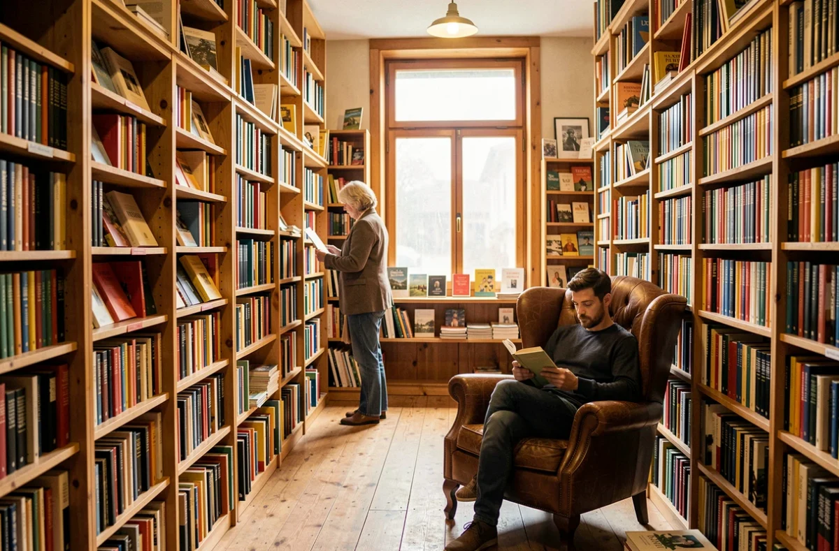 Intérieur chaleureux d'une librairie indépendante dans le Pas-de-Calais avec des rayonnages en bois remplis de livres colorés