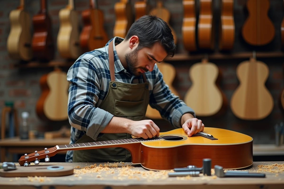 Luthier inspectant le manche d'une guitare acoustique Atlantic dans un atelier artisanal avec des outils de mesure