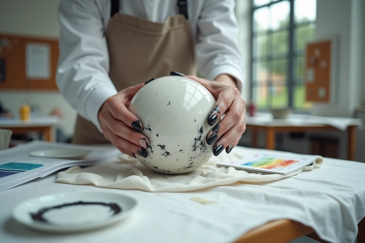 Gros plan sur des mains d'étudiant peignant une sphère en technique clair-obscur dans une salle de cours d'art