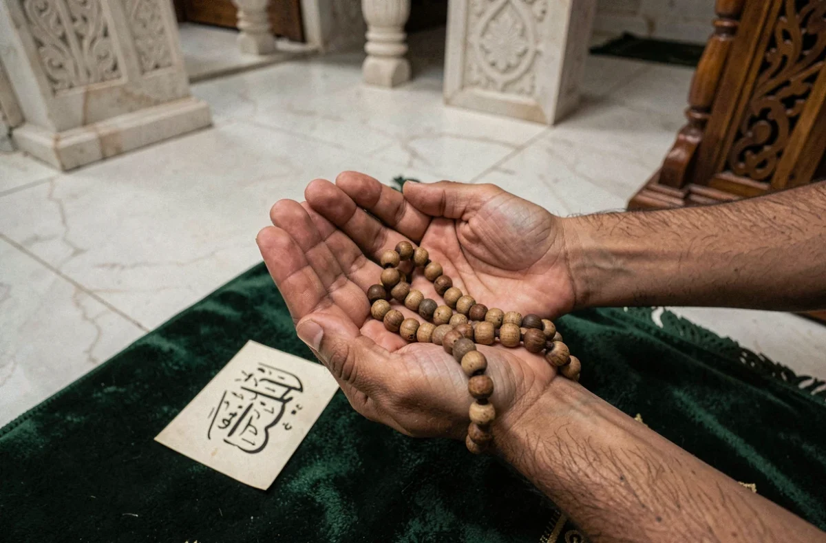 Mains jointes en supplication avec un chapelet islamique sur un tapis de prière vert, évoquant la récitation de la prière Istikhara dans une mosquée