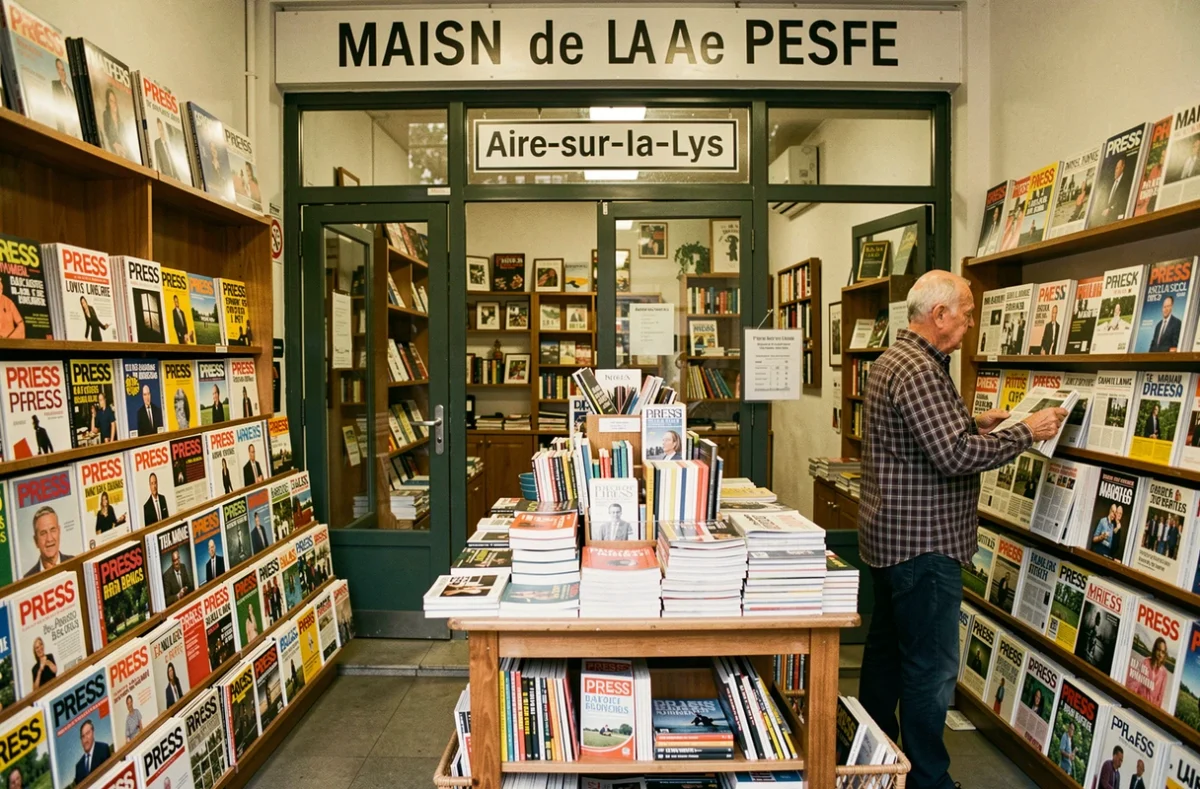 Intérieur d'une Maison de la Presse à Aire-sur-la-Lys avec ses présentoirs de magazines et livres de poche et son gérant restockant les rayons