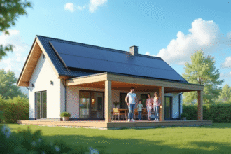Maison moderne avec panneaux solaires et famille heureuse