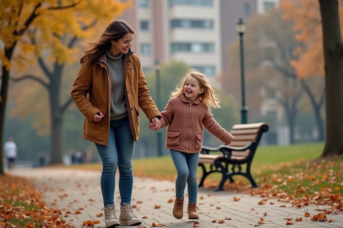 Mère et fille jouant dans un parc en automne