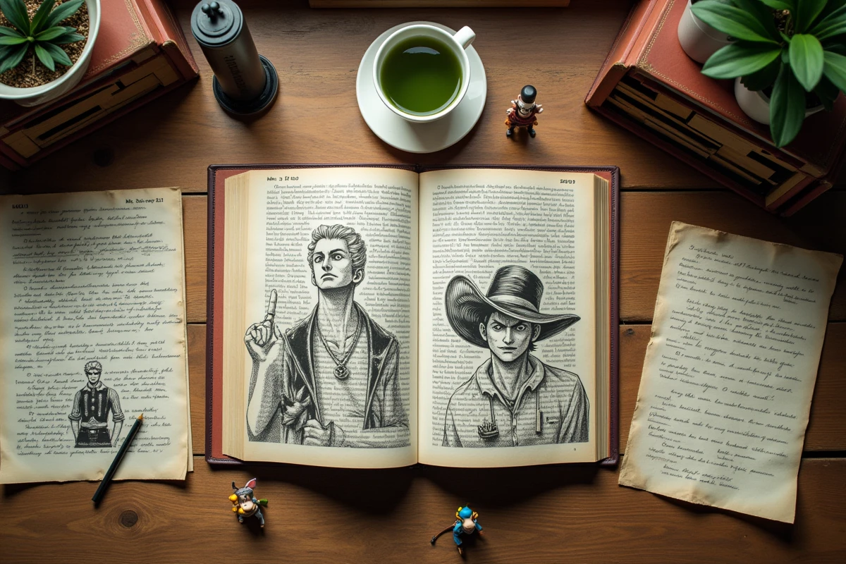 Volumes du manga One Piece ouverts sur des scènes de Mr. 2 Bon Clay posés sur un bureau avec des notes d'analyse et des figurines de collection