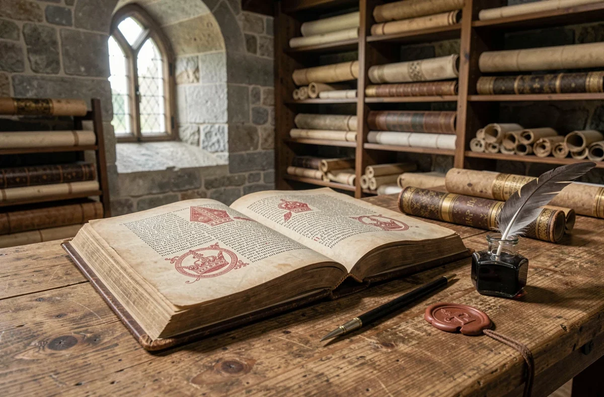 Vieux livre manuscrit en latin ouvert sur une table de scriptorium médiéval avec un sceau papal brisé et une plume d'oie