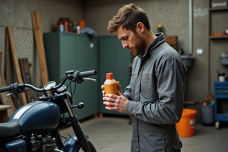 Jeune mécanicien examinant une bouteille d'huile moto dans un garage