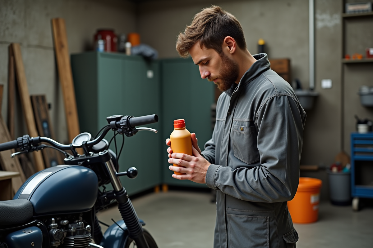 Jeune mécanicien examinant une bouteille d'huile moto dans un garage
