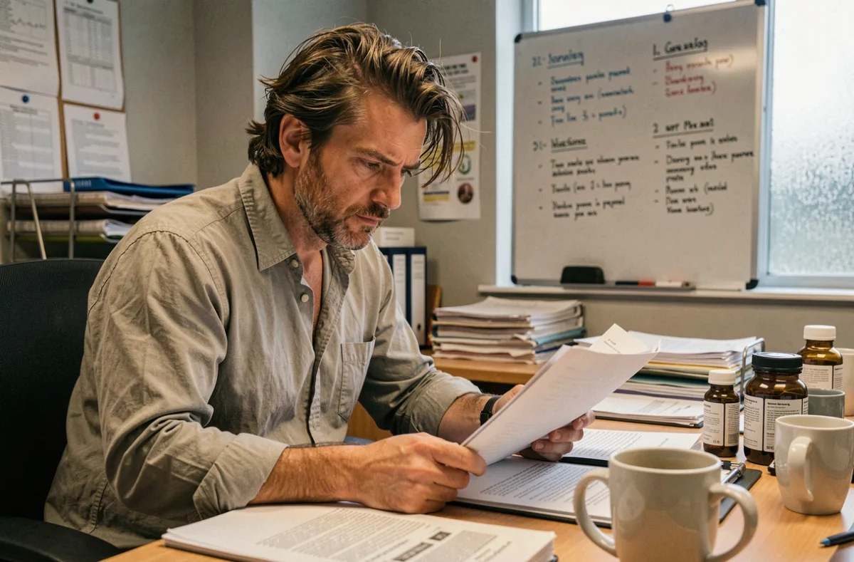 Médecin concentré assis à son bureau d'hôpital entouré de dossiers médicaux et de notes diagnostiques, inspiré du personnage du Dr House
