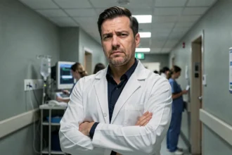 Médecin masculin en blouse blanche dans un couloir d'hôpital, regard sceptique et bras croisés, ambiance clinique froide inspirée du Dr House
