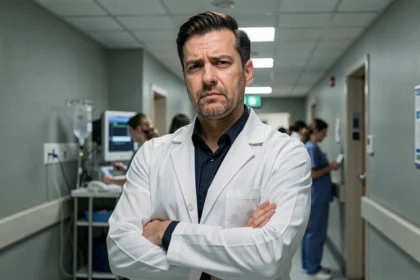 Médecin masculin en blouse blanche dans un couloir d'hôpital, regard sceptique et bras croisés, ambiance clinique froide inspirée du Dr House