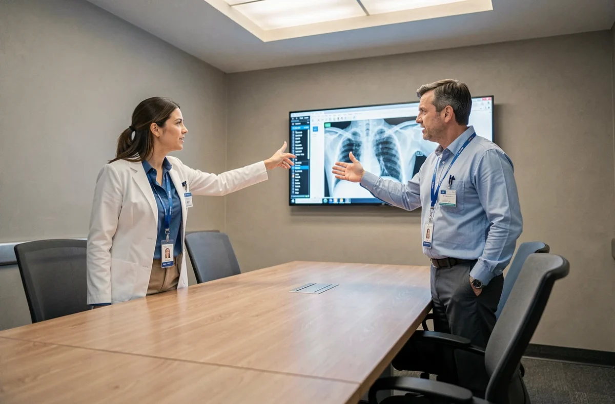 Deux médecins en pleine discussion professionnelle dans une salle de réunion d'hôpital, devant une imagerie médicale, dynamique d'équipe inspirée de Dr House