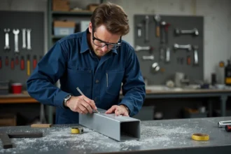 Artisan mesurant et marquant un tube carré en aluminium sur un établi d'atelier métallurgique