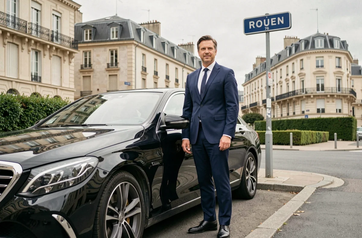 Chauffeur VTC Mon Chauffeur 76 en costume marine devant une berline noire dans une rue de Rouen