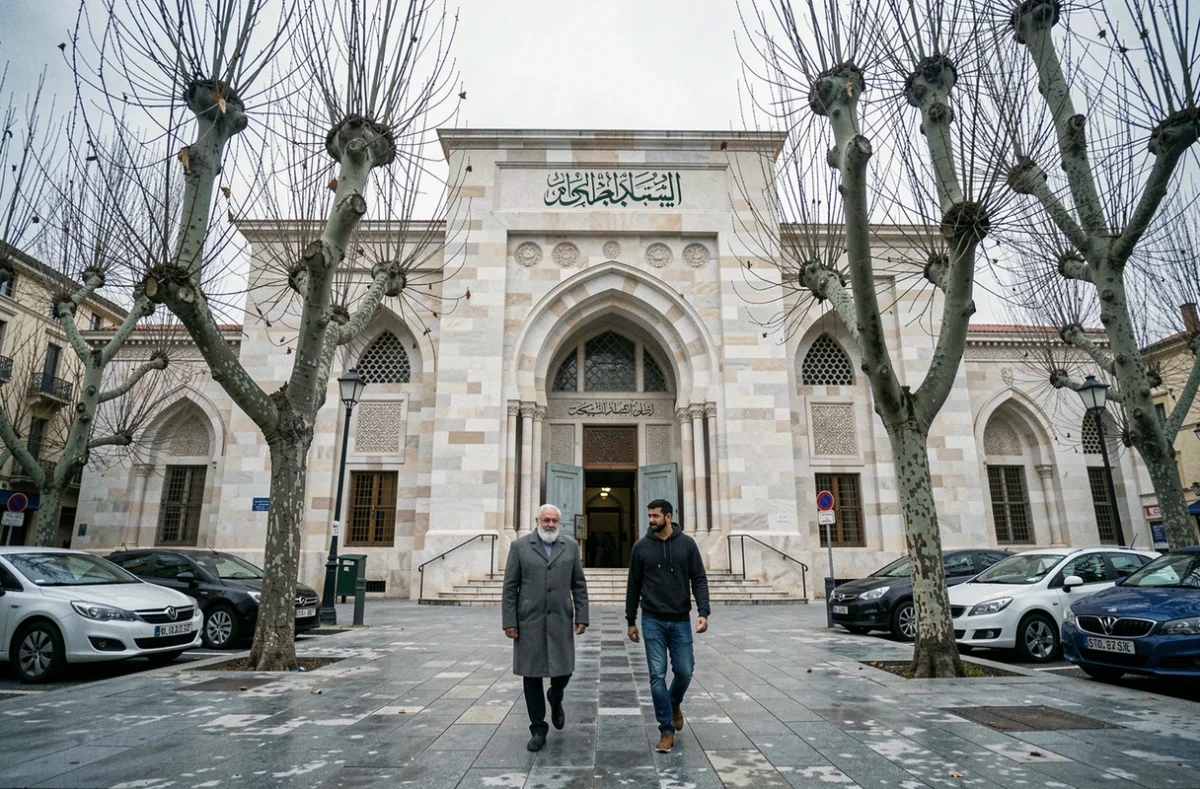 Façade de la Grande Mosquée de Marseille avec des fidèles se dirigeant vers l'entrée pour la prière