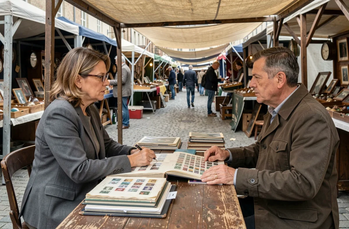 Négociation entre une collectionneuse de timbres et un négociant dans un marché aux puces