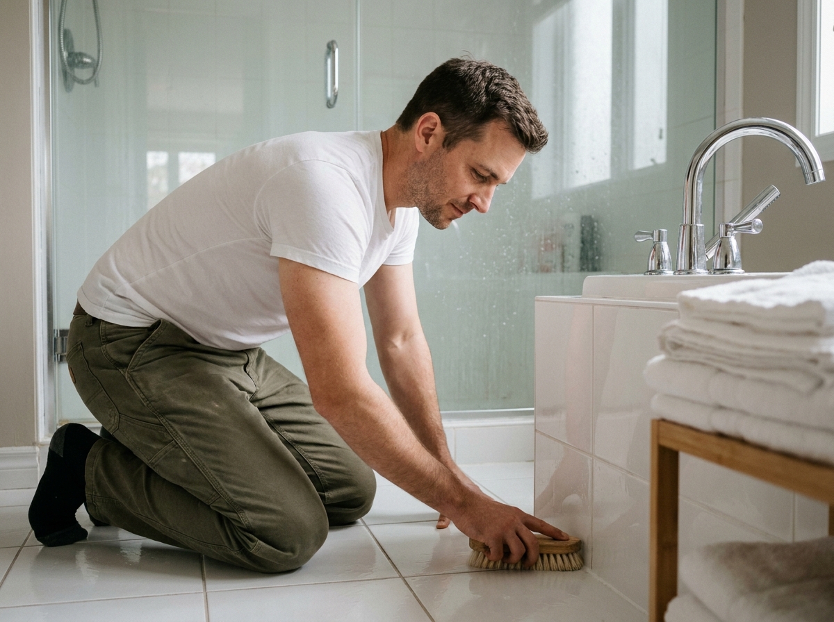 Agent de nettoyage professionnel entretenant une salle de bain dans un logement d'Issy-les-Moulineaux