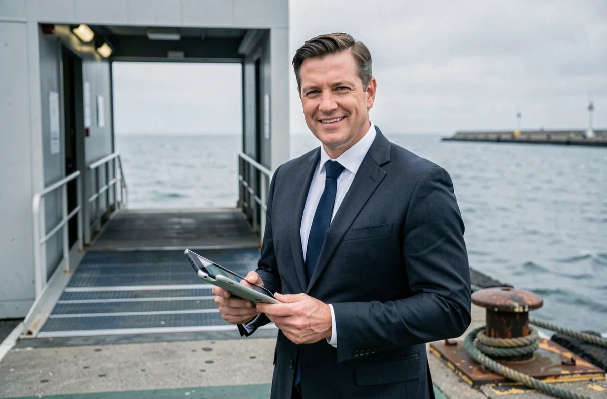 Chauffeur Normandy VTC Services en costume sombre avec une tablette devant un terminal maritime avec la Manche en arrière-plan