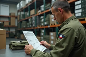 Officier logistique de l'armée française consultant un registre de dotation vestimentaire dans un dépôt d'habillement militaire