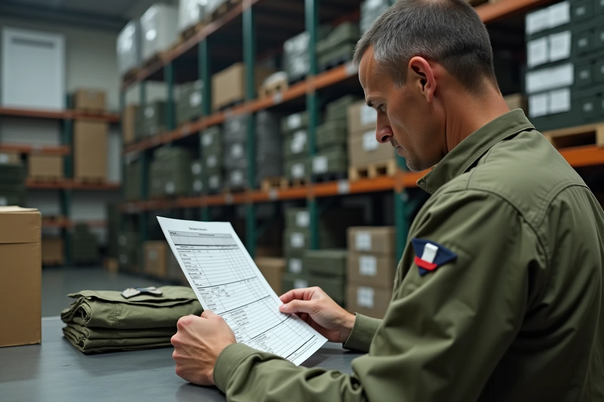 Officier logistique de l'armée française consultant un registre de dotation vestimentaire dans un dépôt d'habillement militaire
