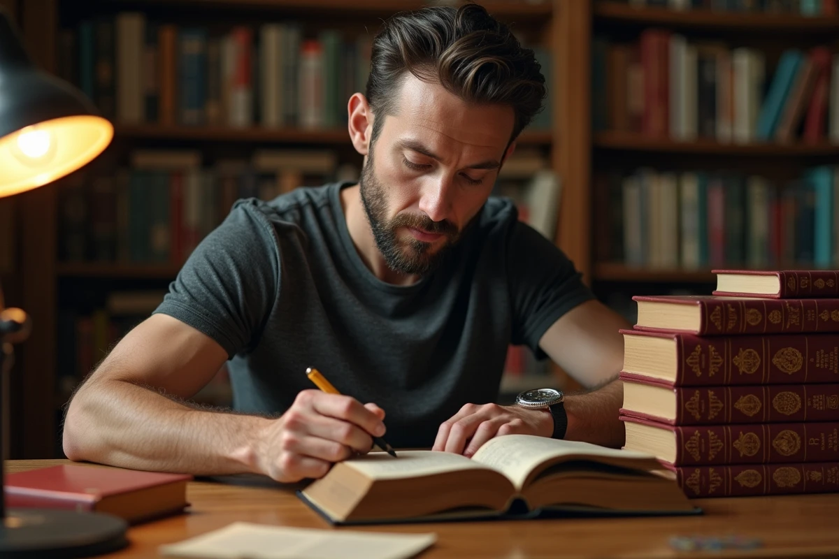 Un homme adulte organise une collection de livres Warhammer 40K dans sa bibliothèque personnelle, classant les tomes de l'Hérésie d'Horus en ordre chronologique