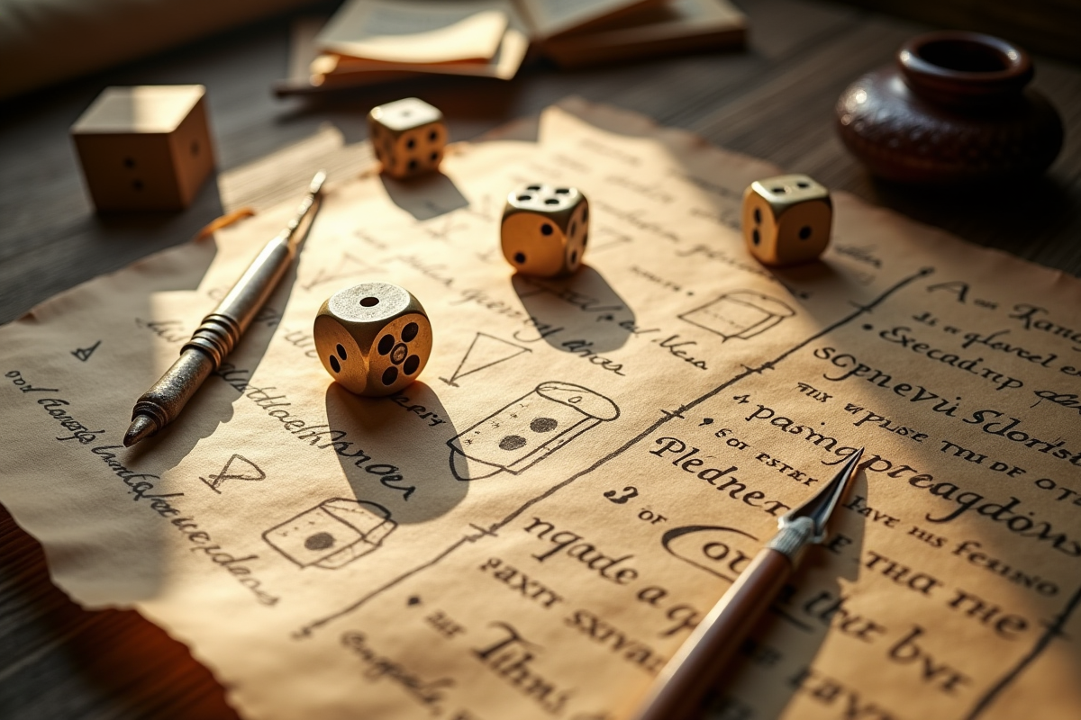 Parchemin ancien avec dessins de dés et outils d