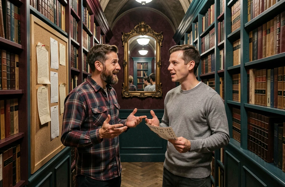 Deux participants discutant d'un indice dans le couloir d'un escape game thématique à Lyon