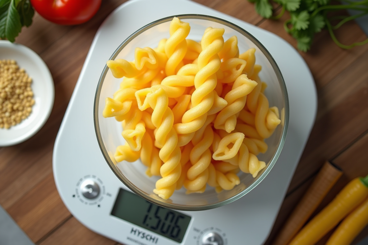 Pâtes crues pesées sur une balance de cuisine moderne