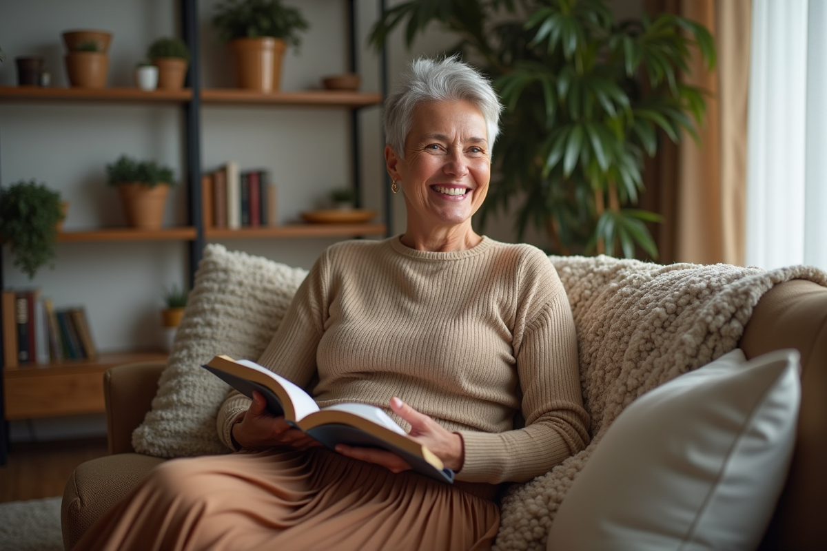 Personne nonbinaire lisant dans un salon chaleureux