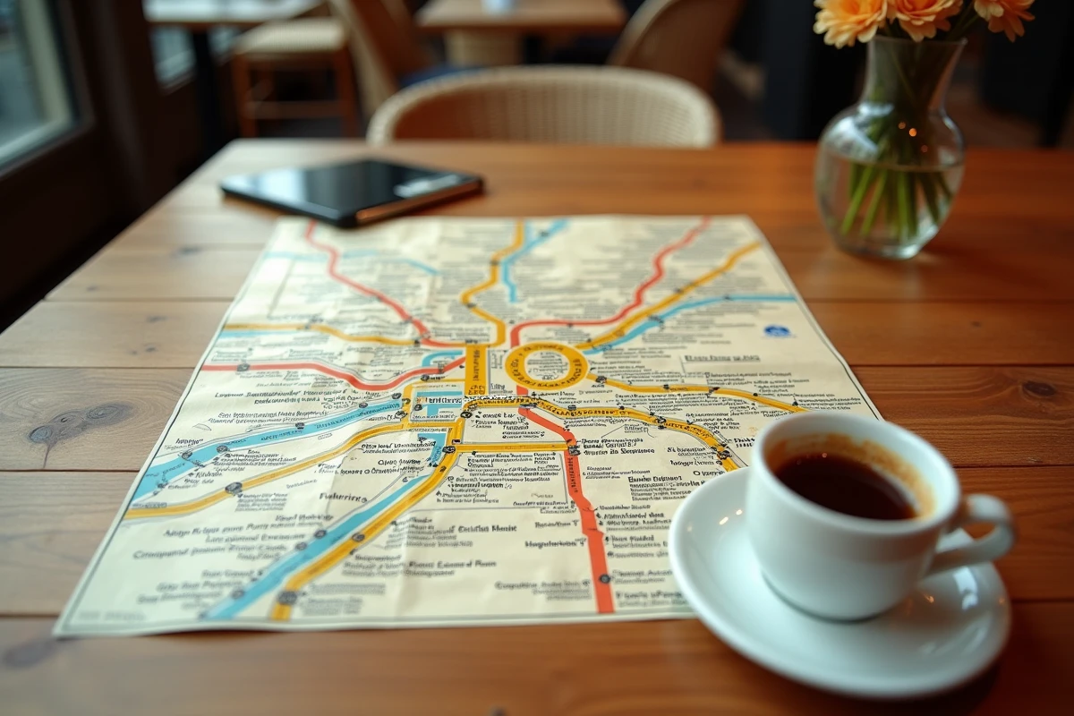 Plan de la ligne 10 du métro de Paris mis à jour posé sur une table de café parisien