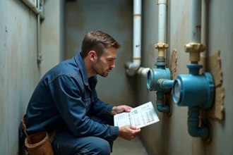 Plombier lisant un compteur d'eau et consultant un tableau de conversion m3 en litres dans une chaufferie résidentielle