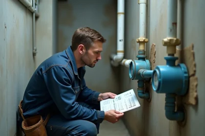 Plombier lisant un compteur d'eau et consultant un tableau de conversion m3 en litres dans une chaufferie résidentielle