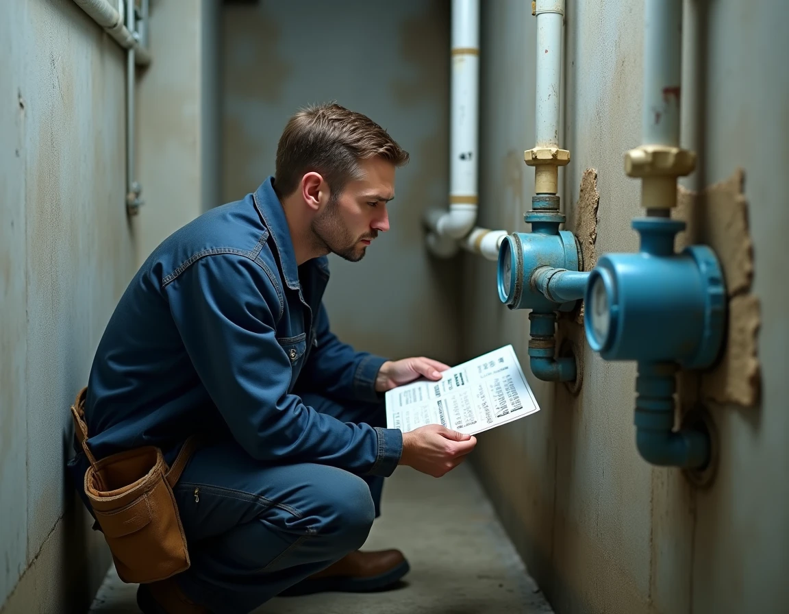 Plombier lisant un compteur d'eau et consultant un tableau de conversion m3 en litres dans une chaufferie résidentielle