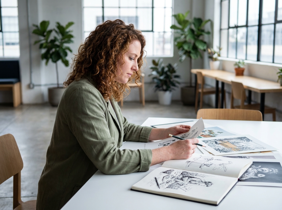 Illustratrice comparant son carnet personnel et ses projets professionnels dans un espace de travail moderne