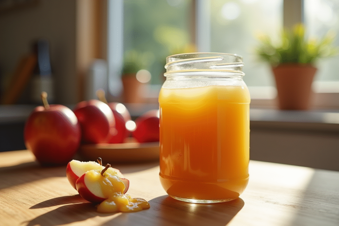 Pot de compote de pommes maison sur le comptoir de cuisine