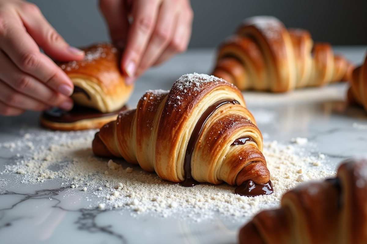 Main préparant des croissants au chocolat sur marbre