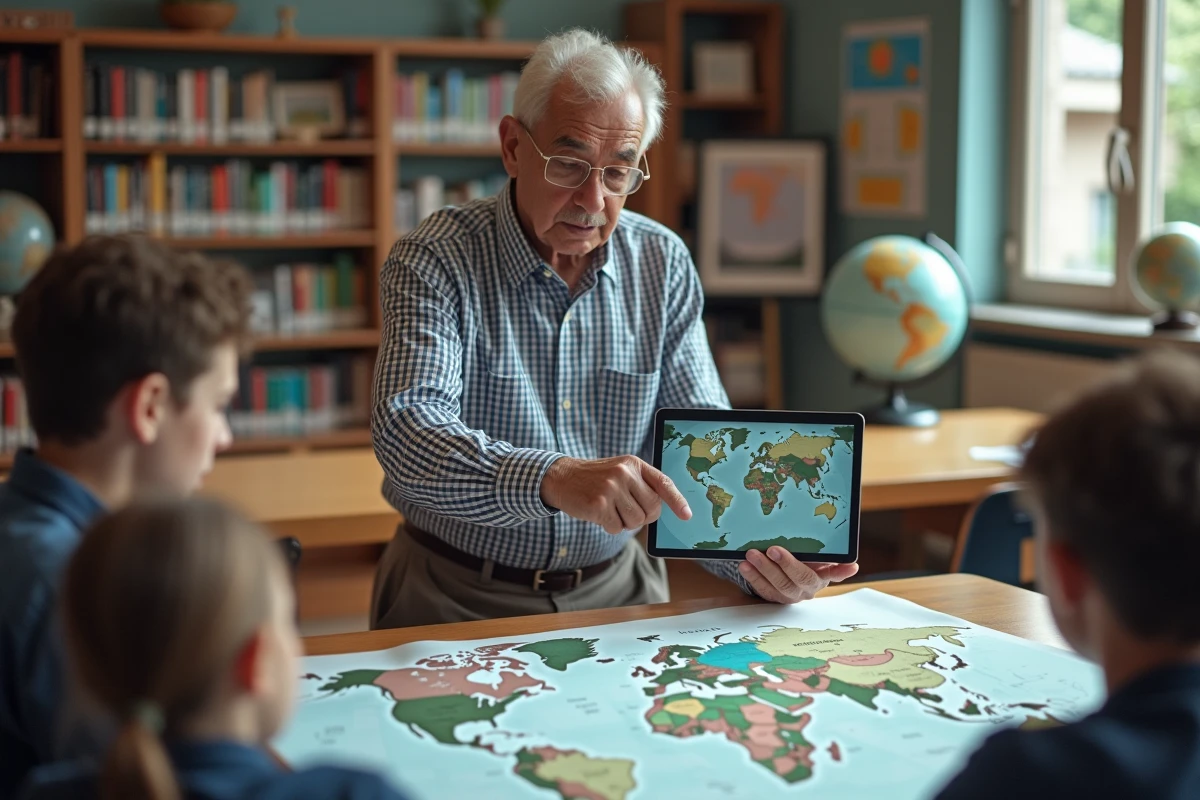 Professeur montre une carte du monde à des élèves dans une bibliothèque