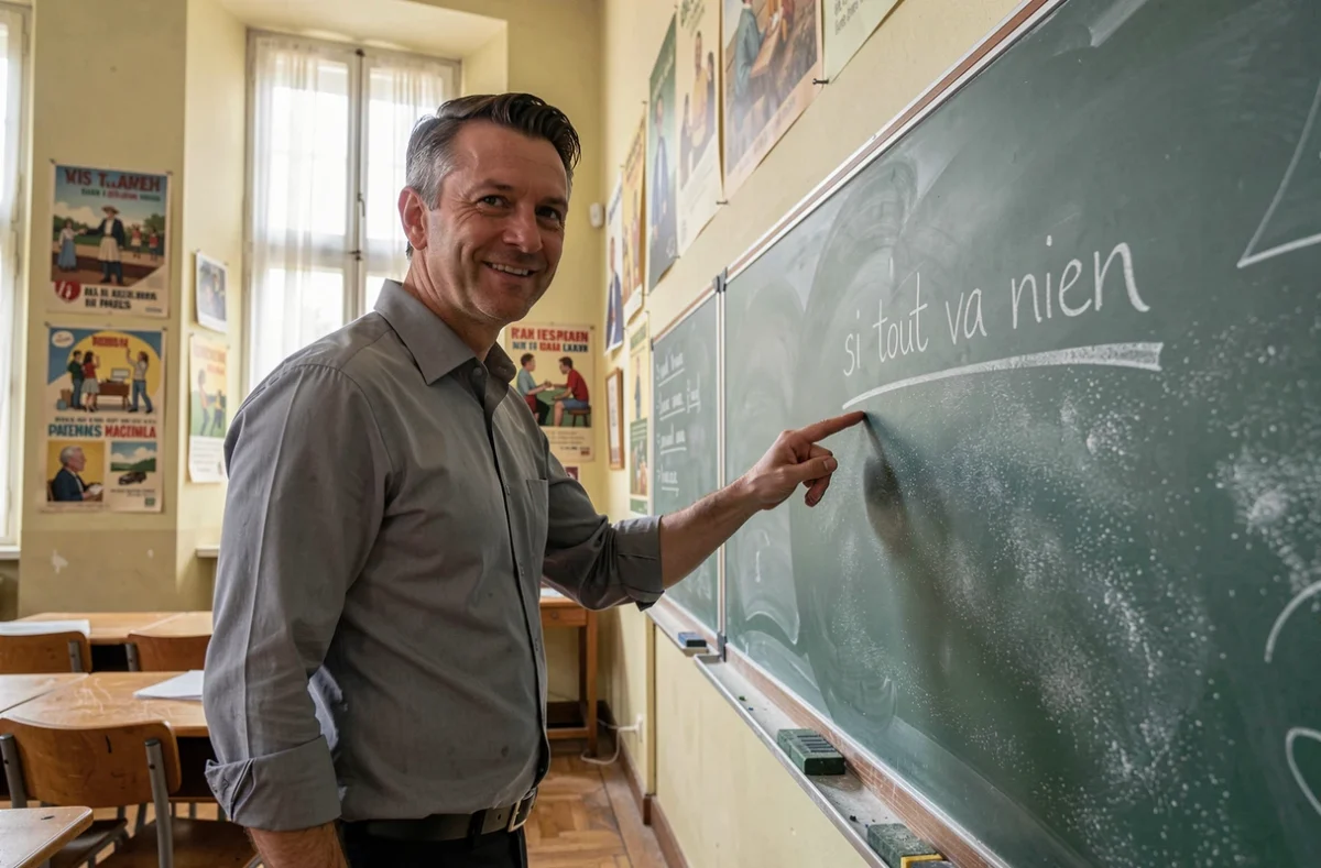 Professeur de français expliquant la règle grammaticale 'si tout va bien' au tableau dans une salle de classe